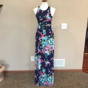 Navy Racer Back Floral Maxi Dress with Pockets